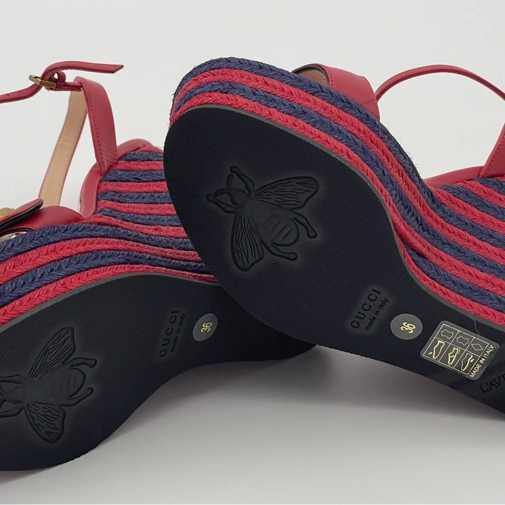 Authentic GUCCI Marmont Double G Leather Espadrille Platform Sandals